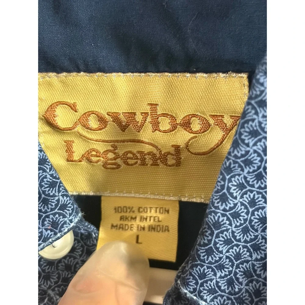 Cowboy Legend Western Shirt Mens Large Blue Embroidered Pearl Snap Cotton
